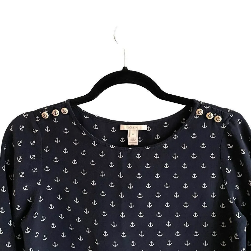 J. CREW Silk Popover Blouse Shirt With Anchor Nautical Print Navy Blue White 0
